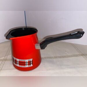 Red Enamelware Plaid Design Metal Ladle Scoop Wax Butter Syrup Vtg Retro